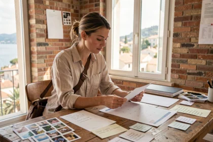 Photographe professionnelle planifiant ses réservations à La Seyne-sur-Mer avec un calendrier imprimé dans son studio