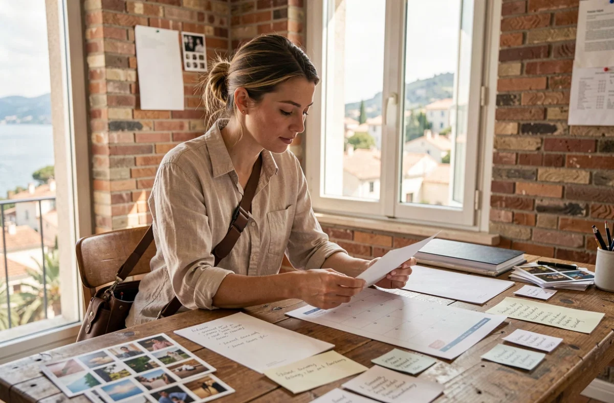 Photographe professionnelle planifiant ses réservations à La Seyne-sur-Mer avec un calendrier imprimé dans son studio