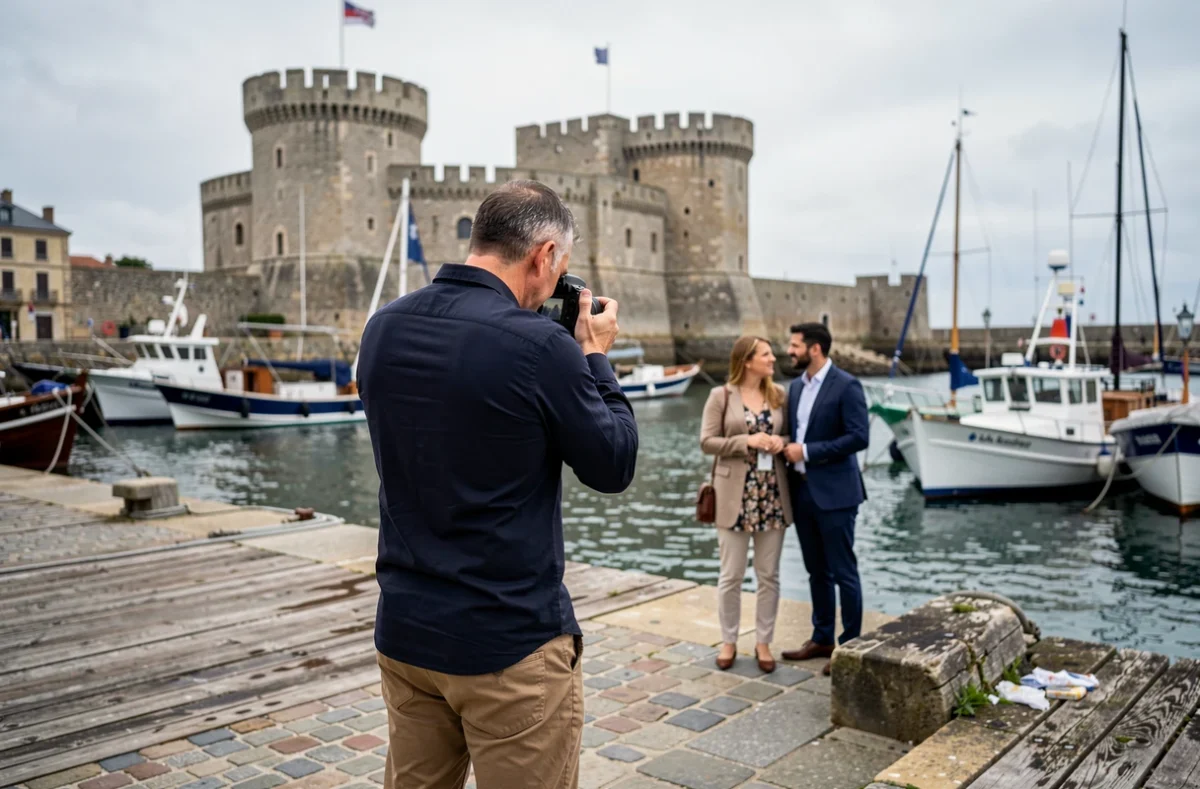 Photographe homme réalisant une séance portrait en extérieur sur le vieux port de La Rochelle avec les tours médiévales en arrière-plan
