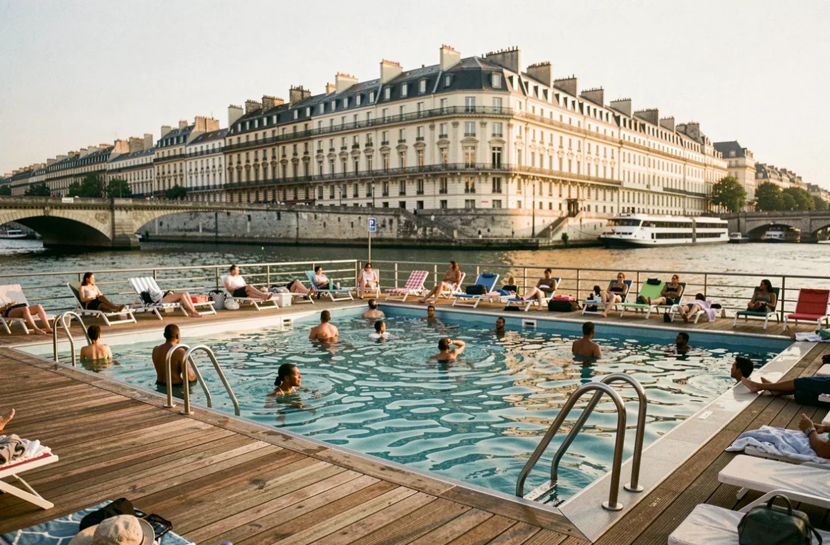 La Piscine Joséphine Baker flottant sur la Seine avec les immeubles parisiens en arrière-plan