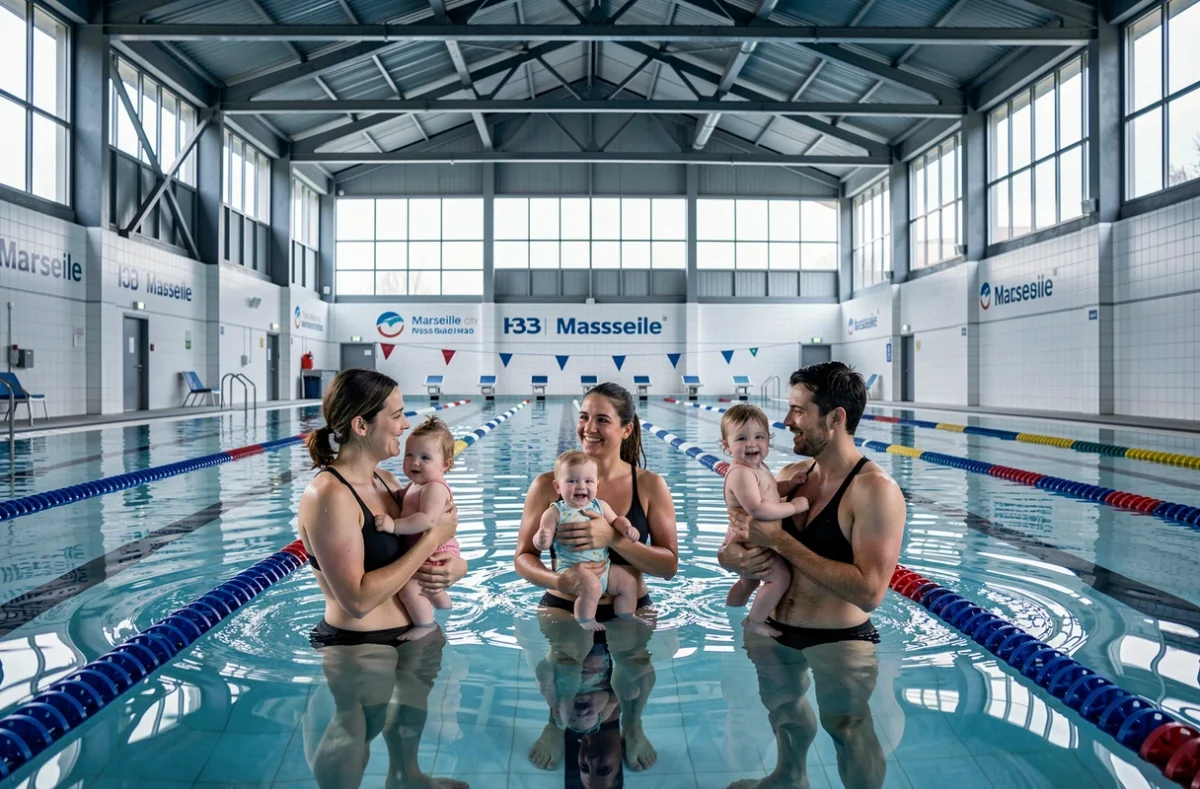Cours collectif de bébés nageurs dans une piscine municipale de Marseille avec parents dans l'eau