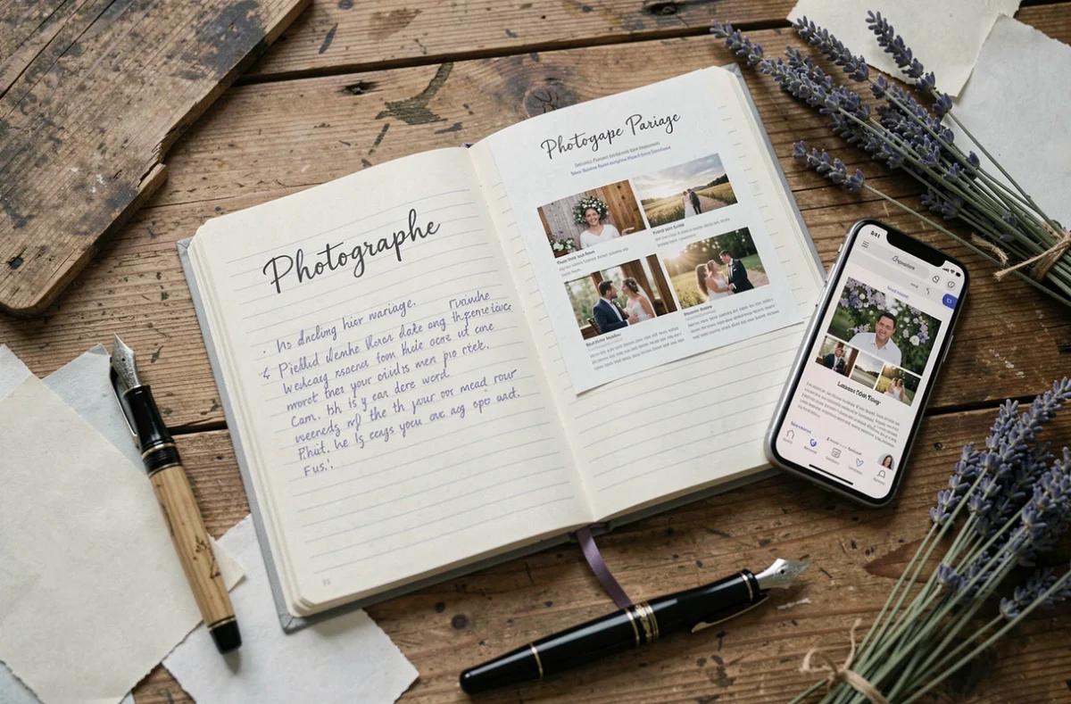 Planification de la réservation d'un photographe mariage à Pau avec carnet de notes et portfolio