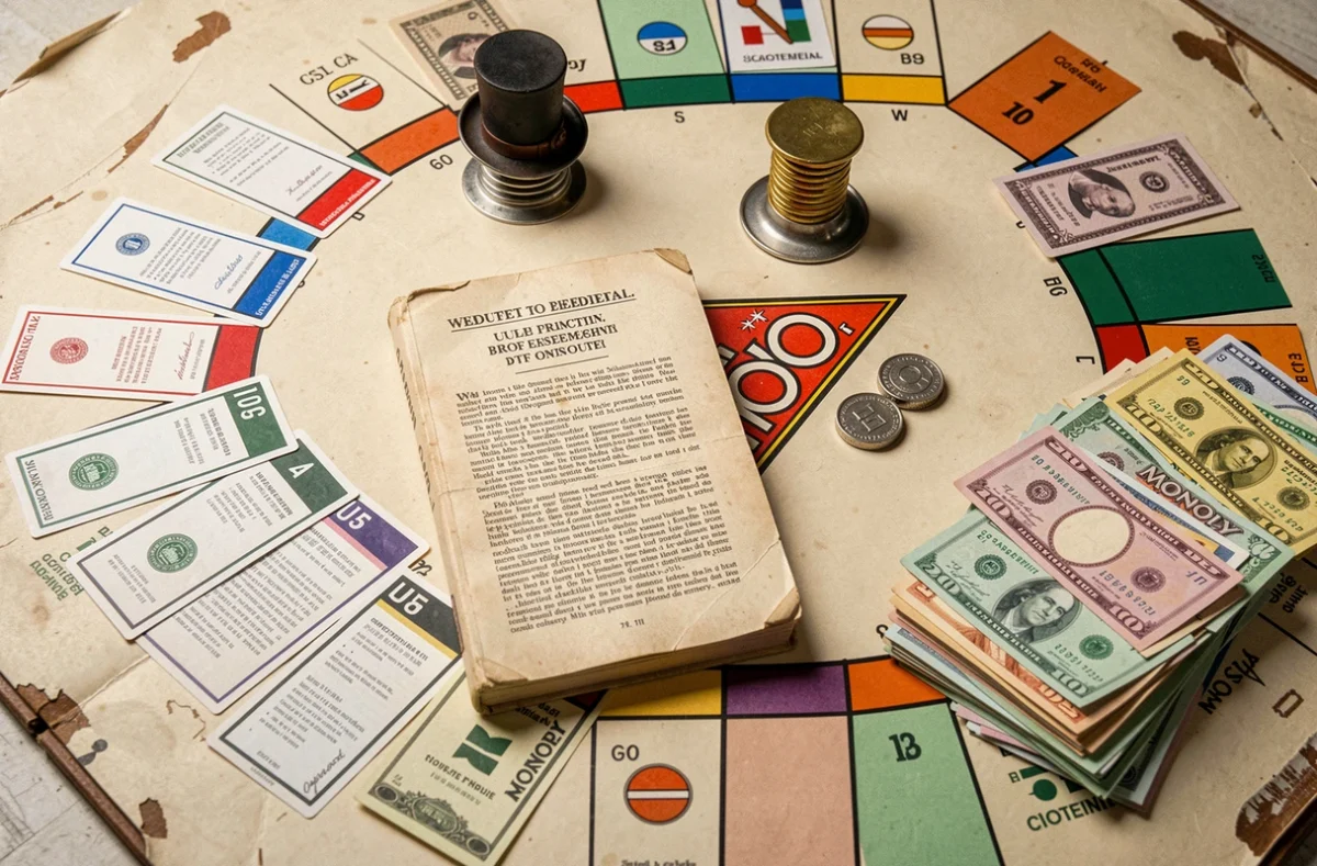 Vue aérienne du plateau de Monopoly avec les cartes de propriétés et le livret de règles officiel ouvert