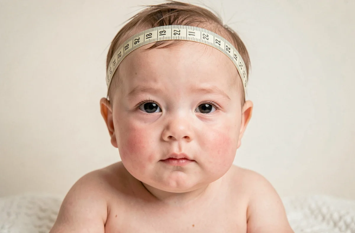 Portrait rapproché d'un bébé de 9 mois avec ruban de mesure autour de la tête illustrant le périmètre crânien