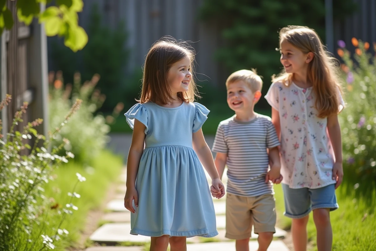 Trois enfants d'une fratrie mixte se tenant la main dans un jardin fleuri, évoquant des prénoms grecs féminins doux et harmonieux