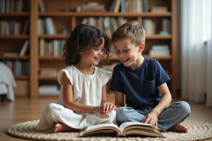 Jeune fille aux cheveux bouclés et son frère lisant ensemble dans un salon chaleureux, illustrant une fratrie mixte harmonieuse