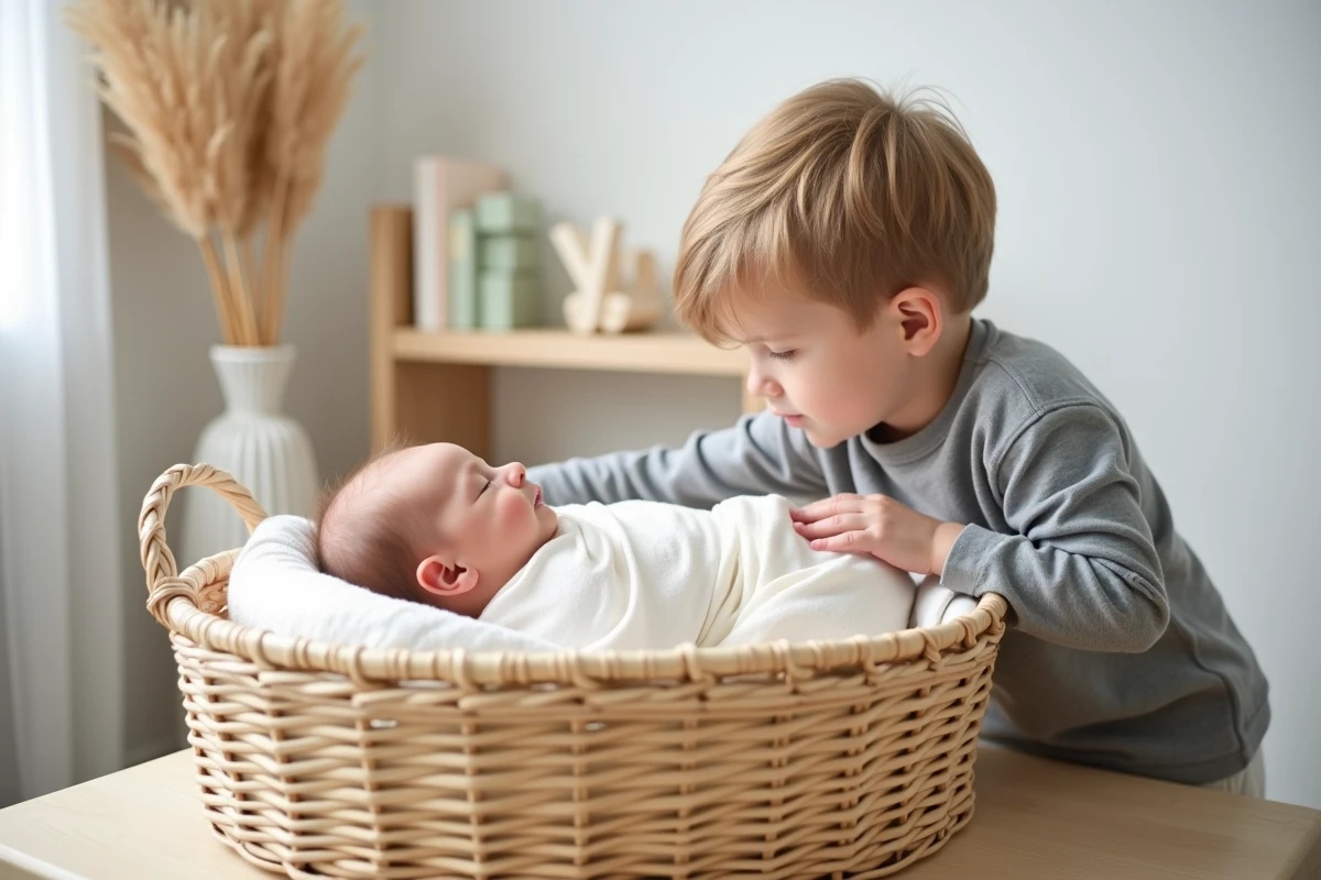 Petit garçon admirant sa petite sœur nouveau-née dans un berceau en osier dans une chambre minimaliste, idée de prénom grec pour fille en fratrie mixte