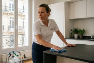 Prestataire de ménage professionnelle en uniforme nettoyant un plan de travail dans un appartement moderne à Boulogne-Billancourt