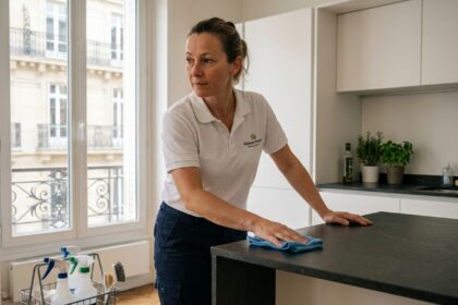 Prestataire de ménage professionnelle en uniforme nettoyant un plan de travail dans un appartement moderne à Boulogne-Billancourt