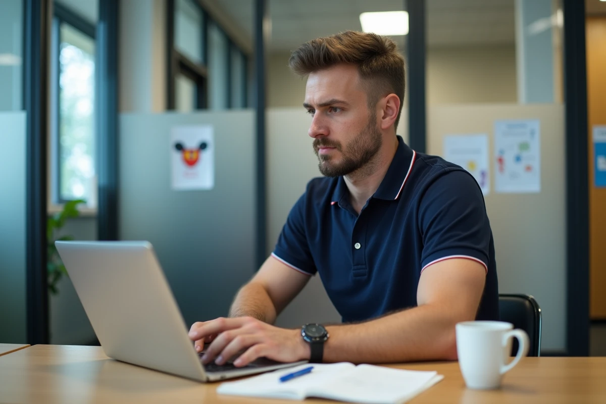 Professionnel de crèche consultant des offres d'emploi sur un ordinateur portable pour changer d'établissement et améliorer son salaire