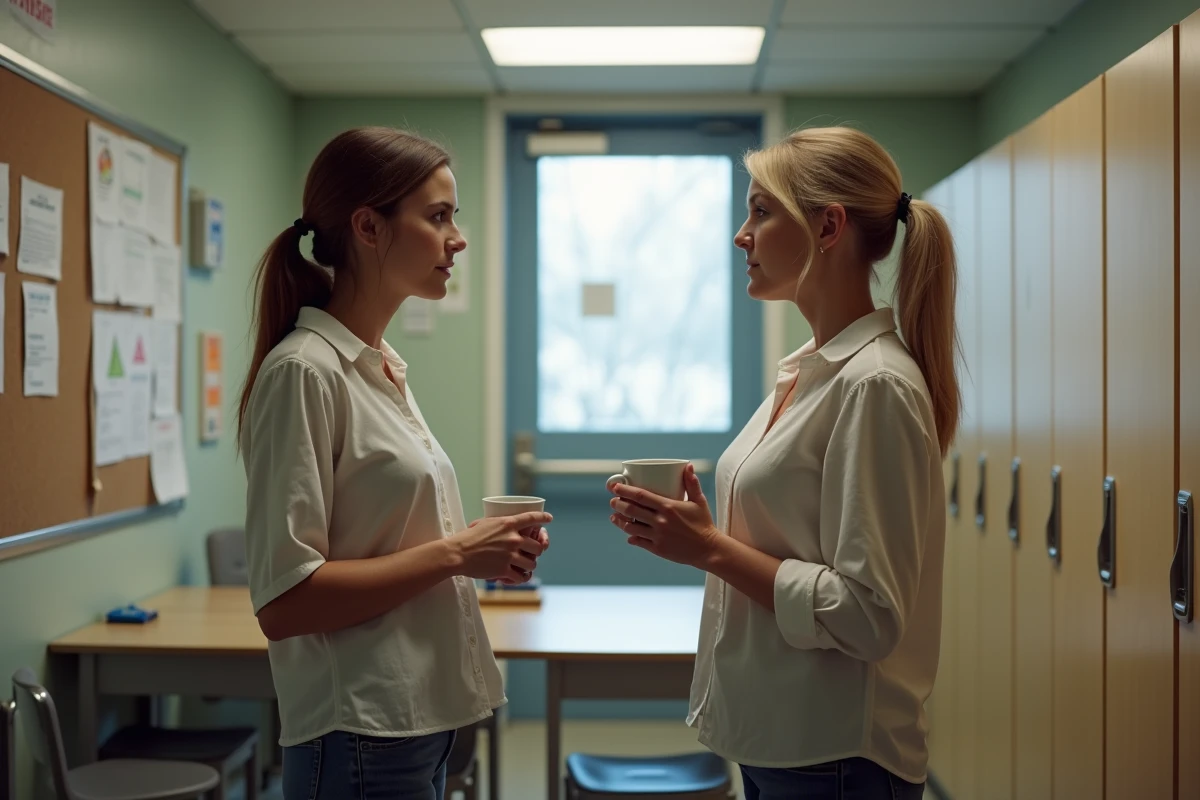 Deux professionnelles de la petite enfance discutant d'une évolution de carrière et de salaire dans une salle de pause de crèche