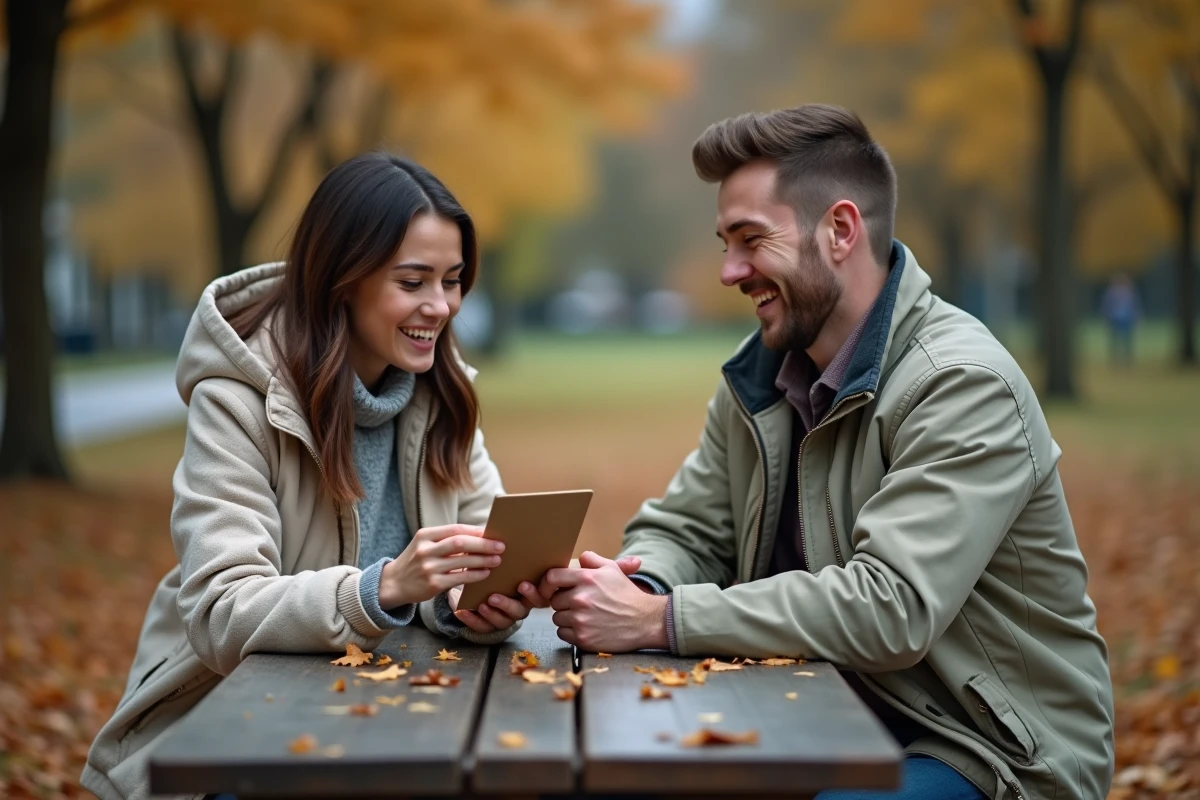 Couple lisant des questions pour briser la glace dans un parc en automne