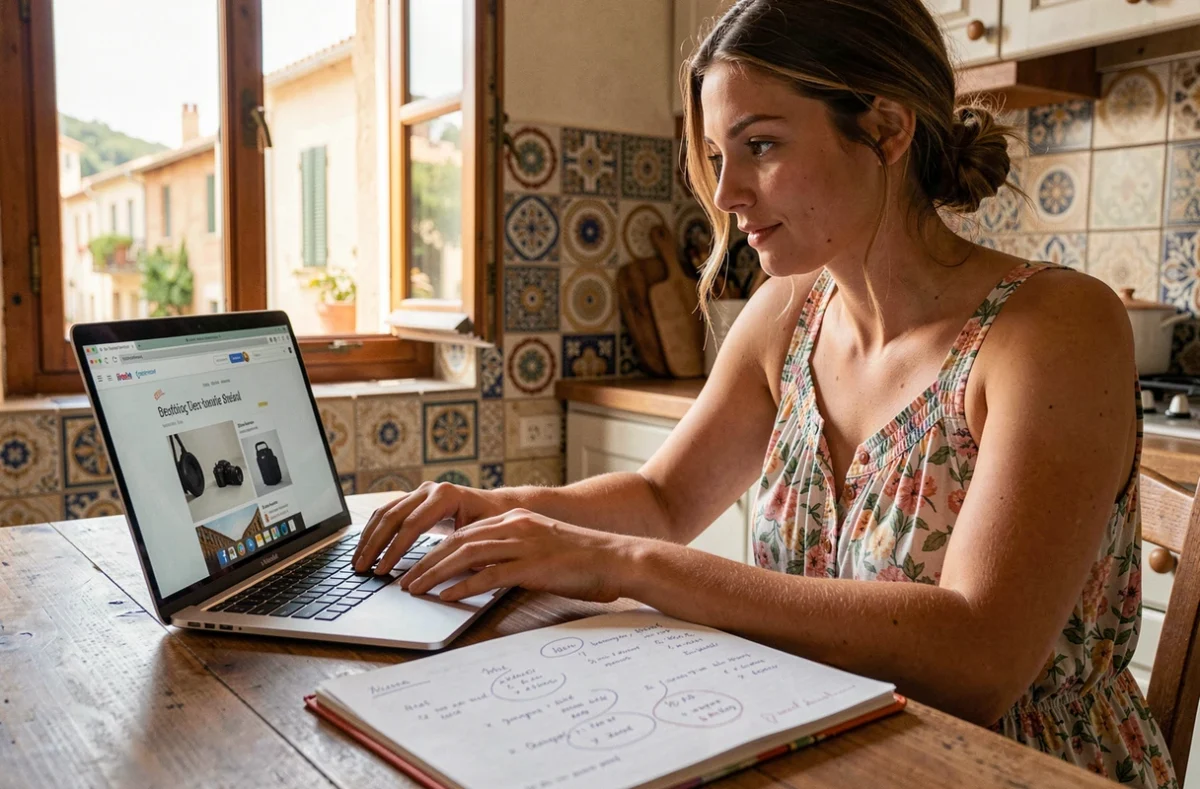Jeune femme réservant en ligne un photographe à La Seyne-sur-Mer depuis son domicile avec un agenda et un ordinateur portable