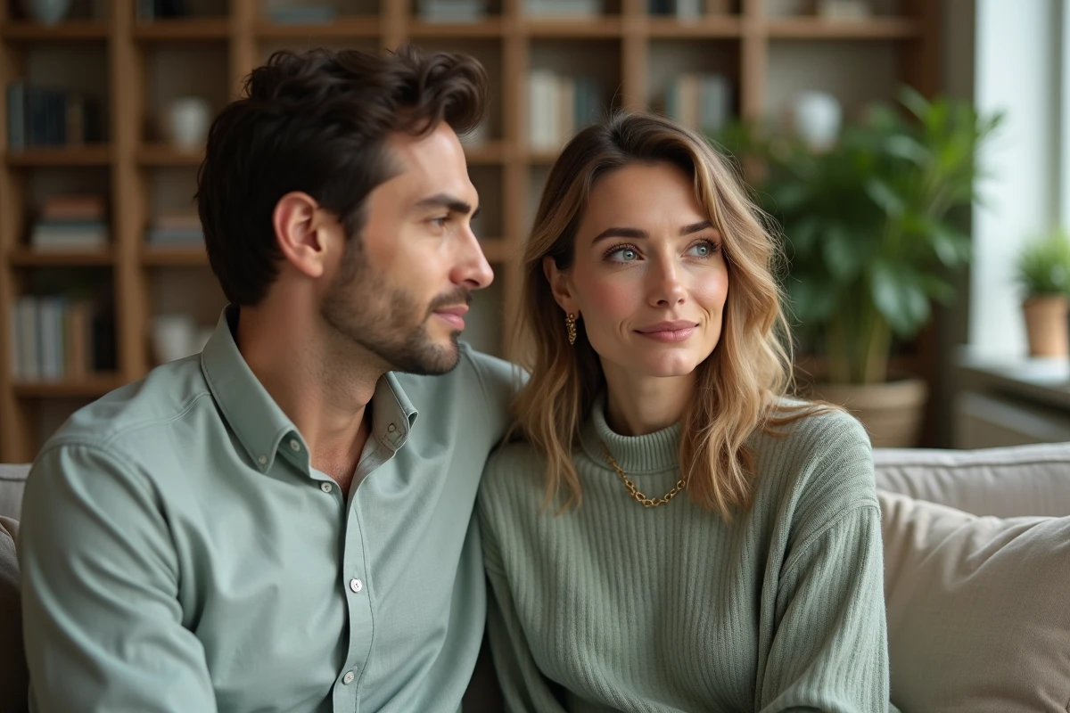 Couple complice dans un intérieur parisien raffiné, symbolisant la vie privée et amoureuse de Samantha de Bendern et son conjoint