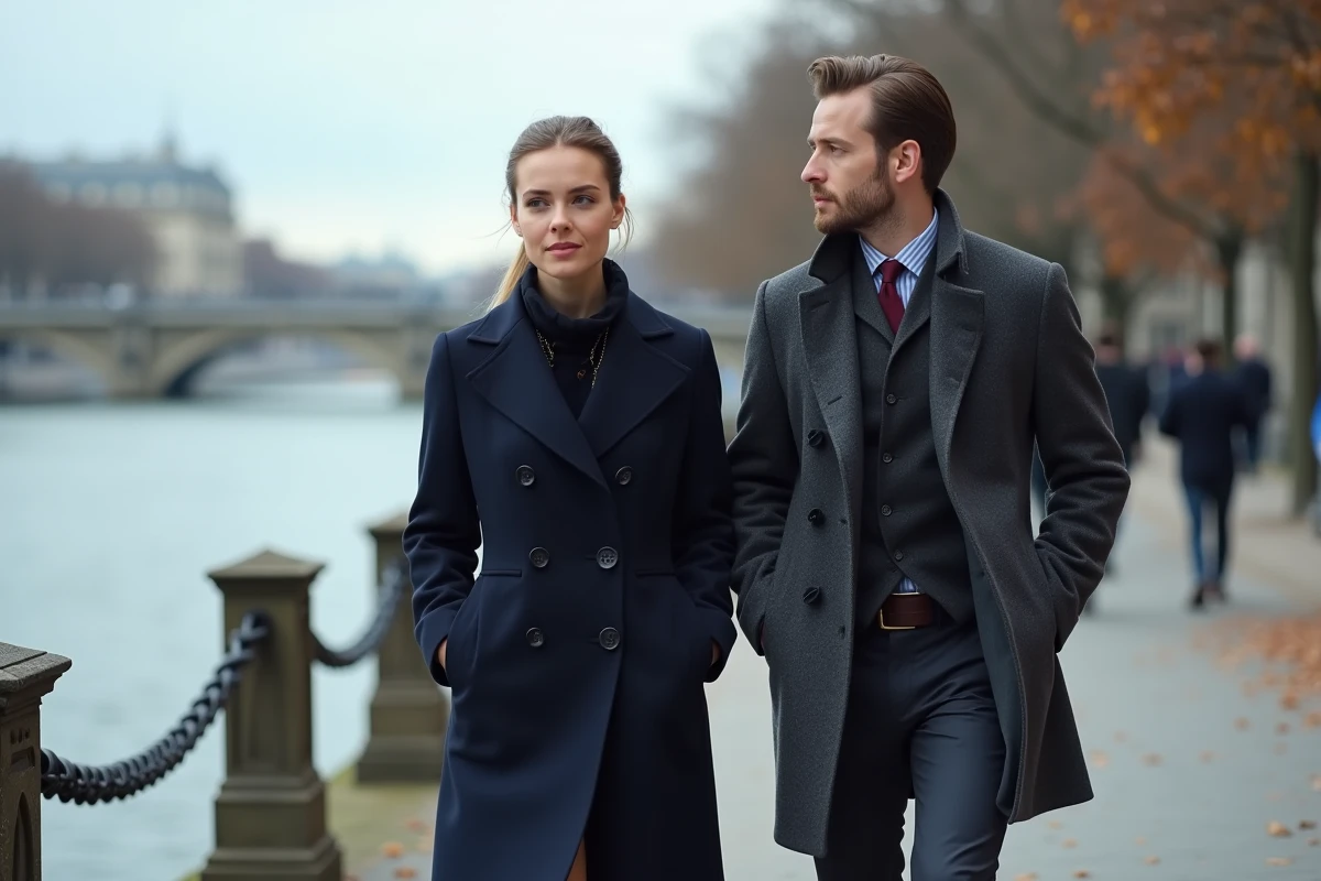 Couple discret se promenant le long de la Seine à Paris, évoquant la relation amoureuse préservée de Samantha de Bendern