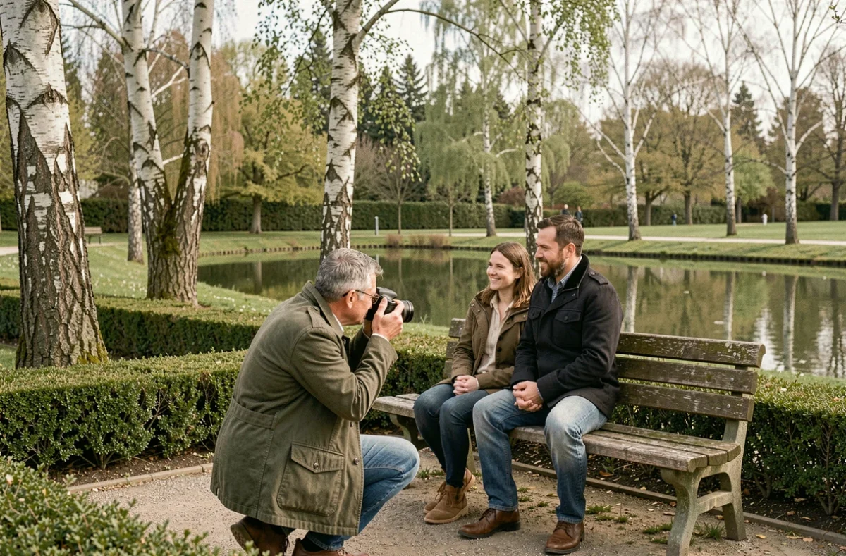 Photographe en plein air capturant une séance photo de couple dans un parc de Villeneuve-d'Ascq