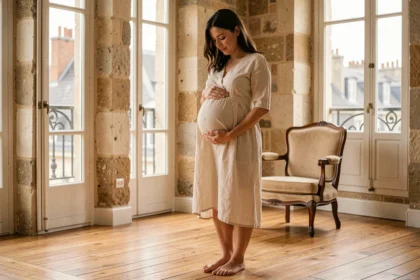 Femme enceinte en robe lin crème dans un appartement haussmannien à Rennes, tenant son ventre avec douceur lors d'une séance photo grossesse