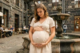 Femme enceinte en robe ivoire devant une fontaine en pierre volcanique à Clermont-Ferrand, séance photo grossesse en extérieur