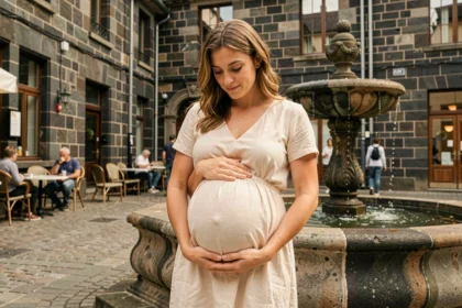 Femme enceinte en robe ivoire devant une fontaine en pierre volcanique à Clermont-Ferrand, séance photo grossesse en extérieur
