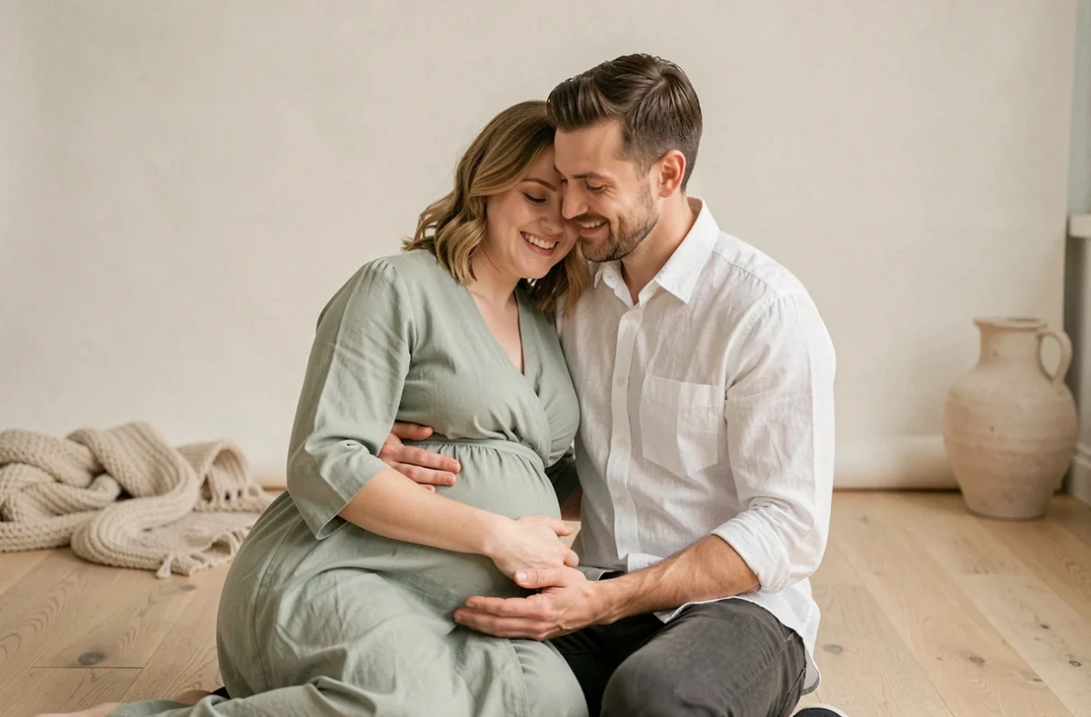 Couple attendant un bébé lors d'une séance photo grossesse en studio à Clermont-Ferrand, ambiance douce et intime