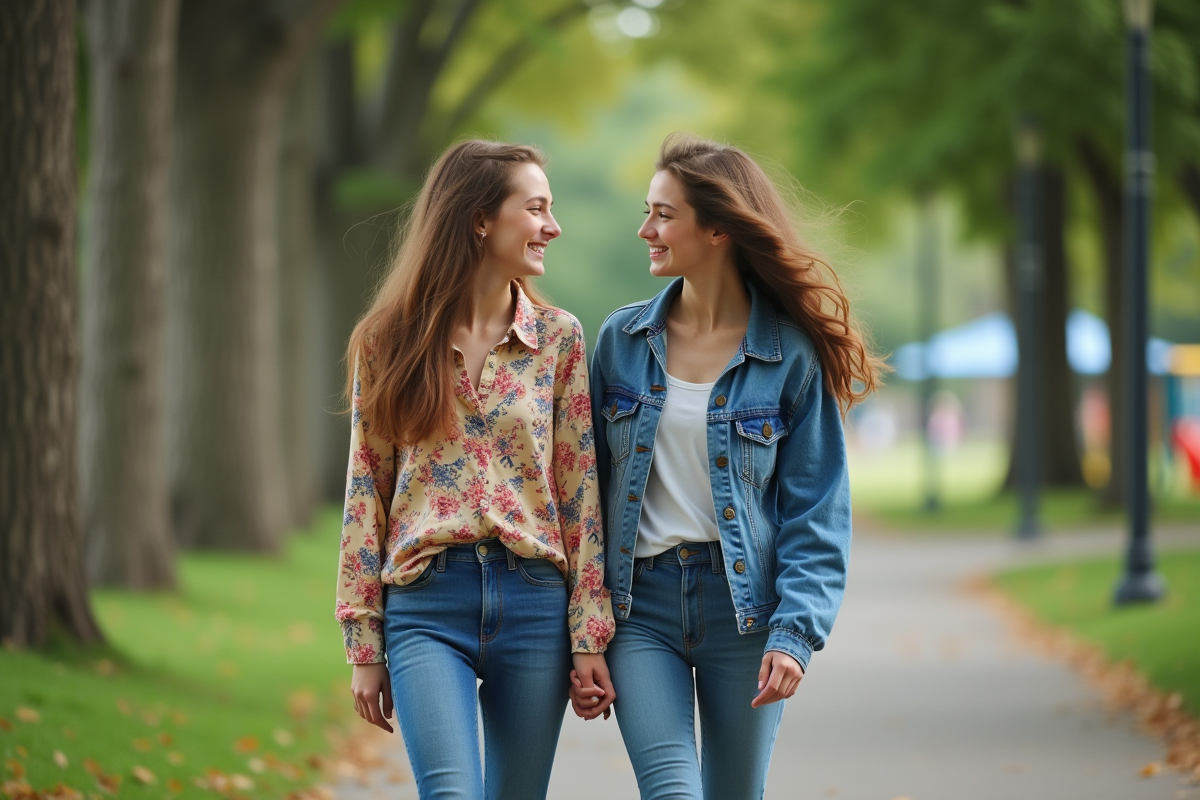Deux adolescentes se promènent dans un parc en souriant