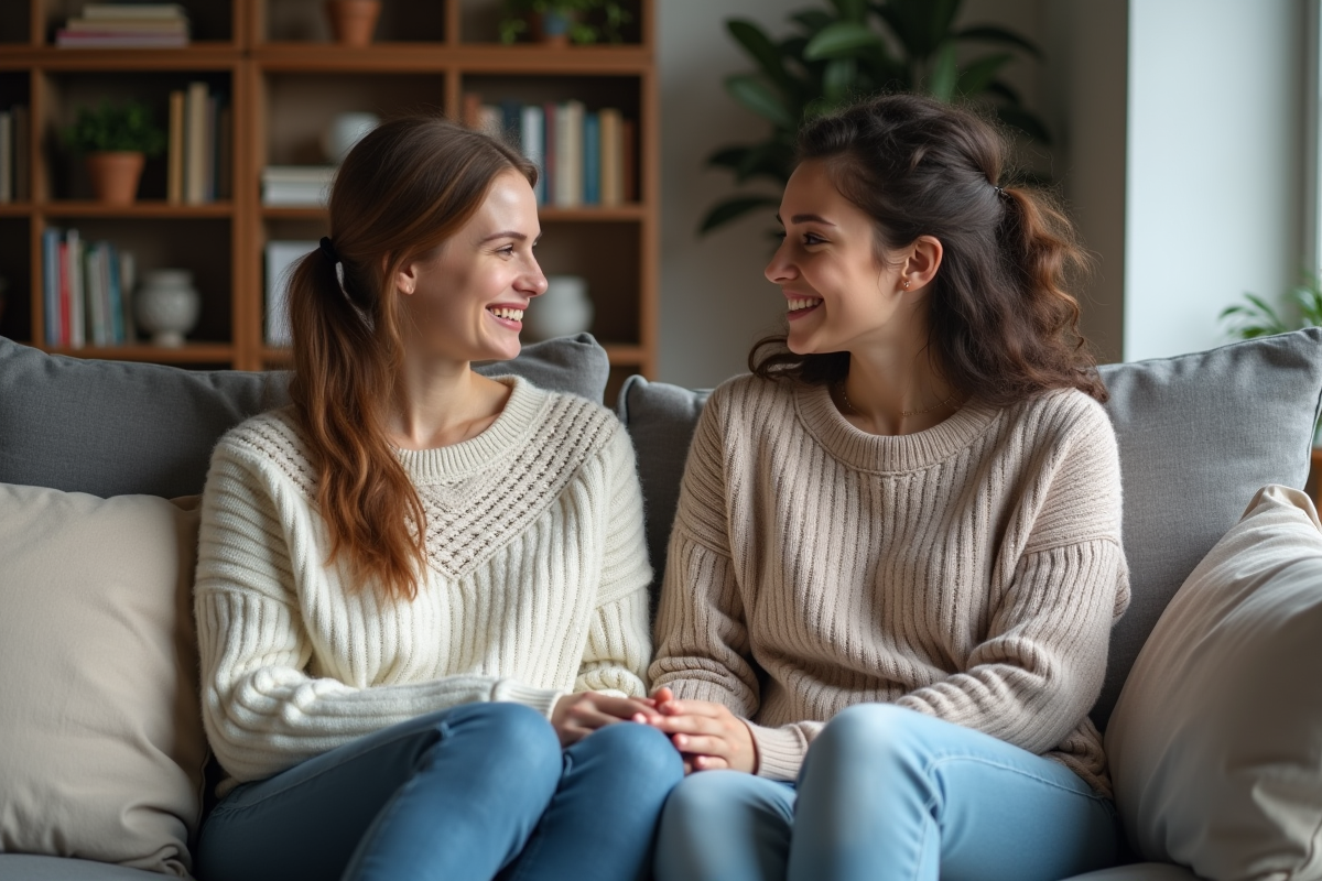 Deux soeurs adultes discutent dans un salon chaleureux