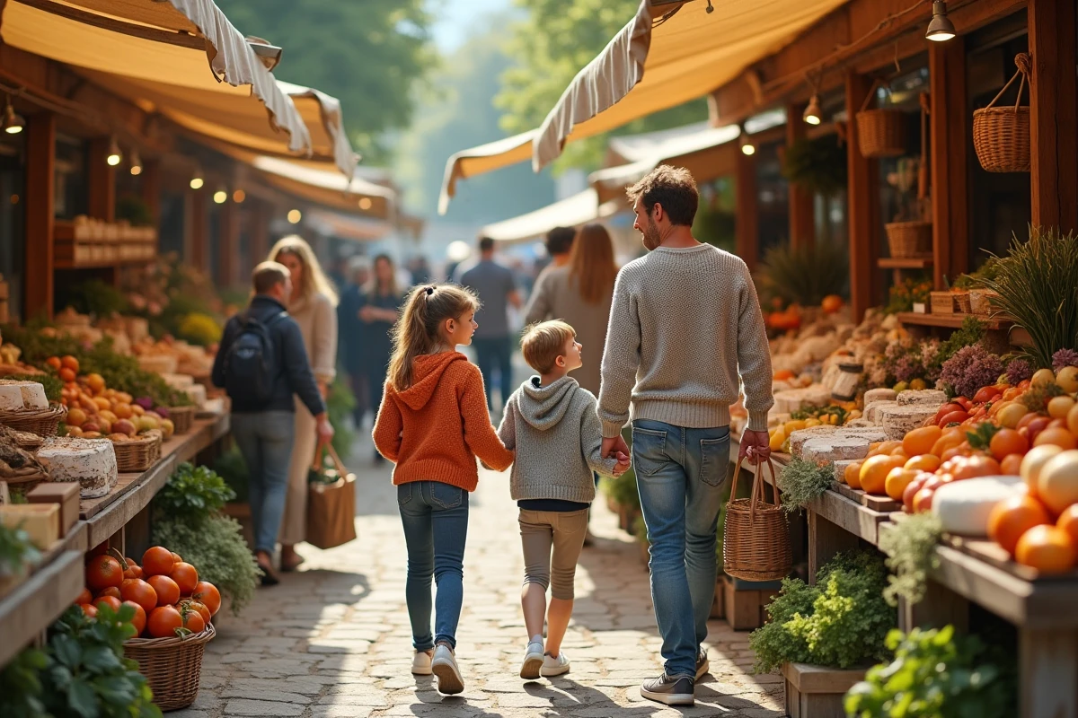Famille en train de faire le marché dans une ville de banlieue parisienne lors d'un week-end en Île-de-France