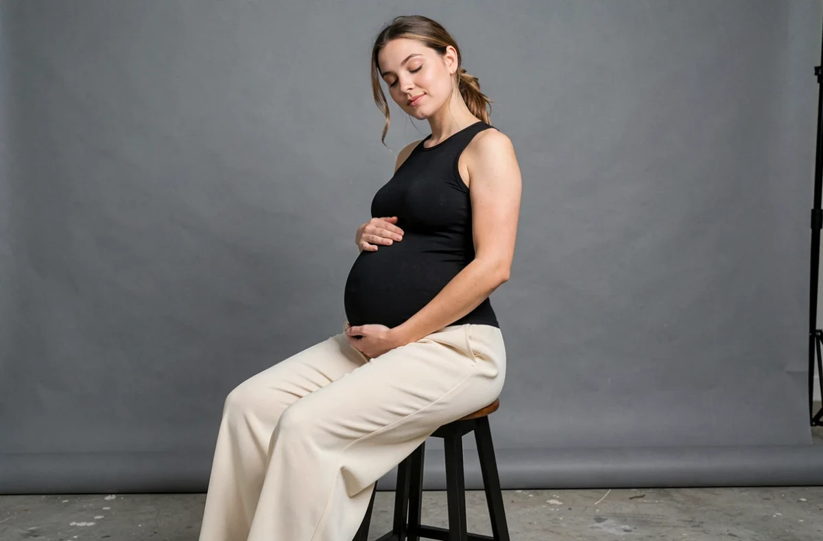 Femme enceinte en studio photo à Rennes, pose de profil sur fond gris neutre pour une séance grossesse élégante et minimaliste