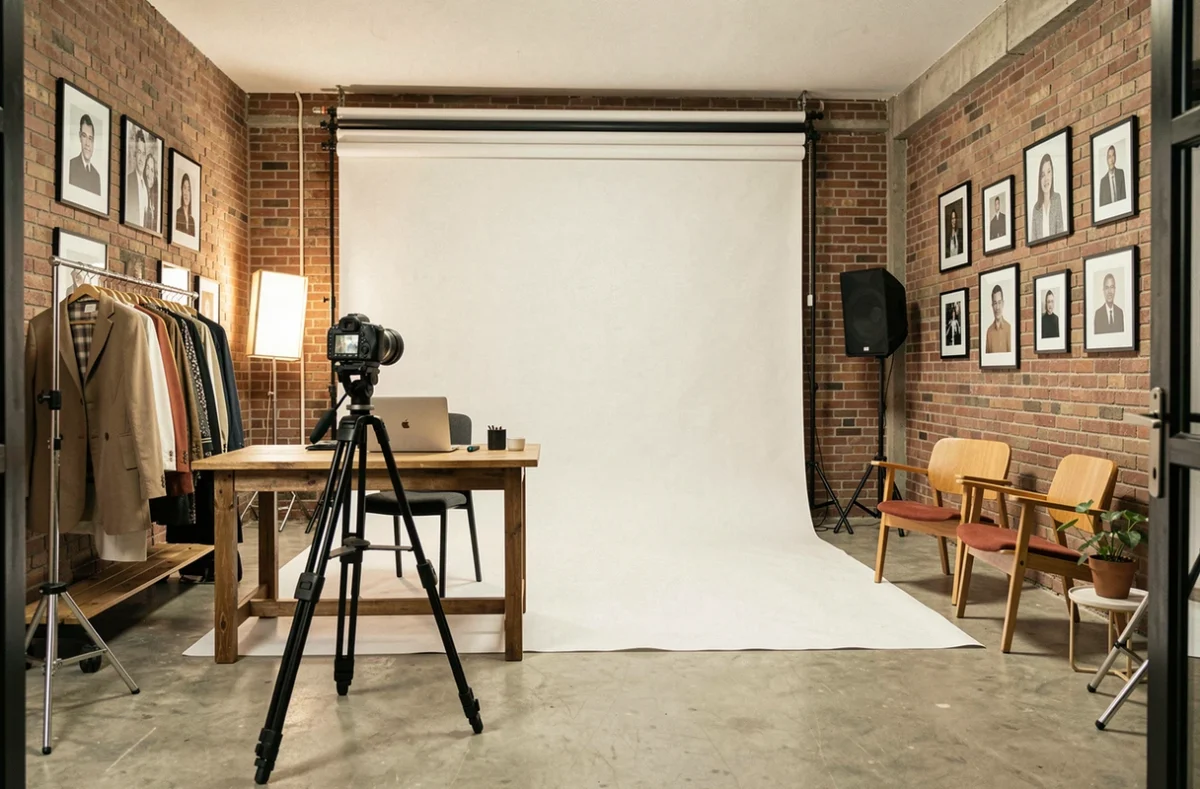 Studio photo professionnel intérieur à Villeneuve-d'Ascq avec toile de fond blanche et matériel photo