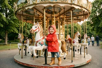 Tout-petit souriant sur un manège coloré dans un parc d'attractions familial autour de Lyon