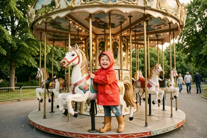 Tout-petit souriant sur un manège coloré dans un parc d'attractions familial autour de Lyon