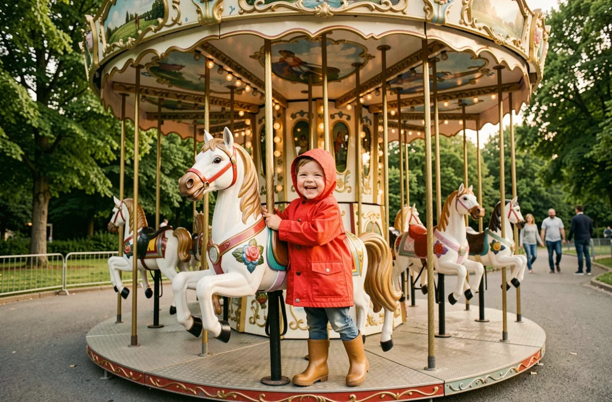 Tout-petit souriant sur un manège coloré dans un parc d'attractions familial autour de Lyon