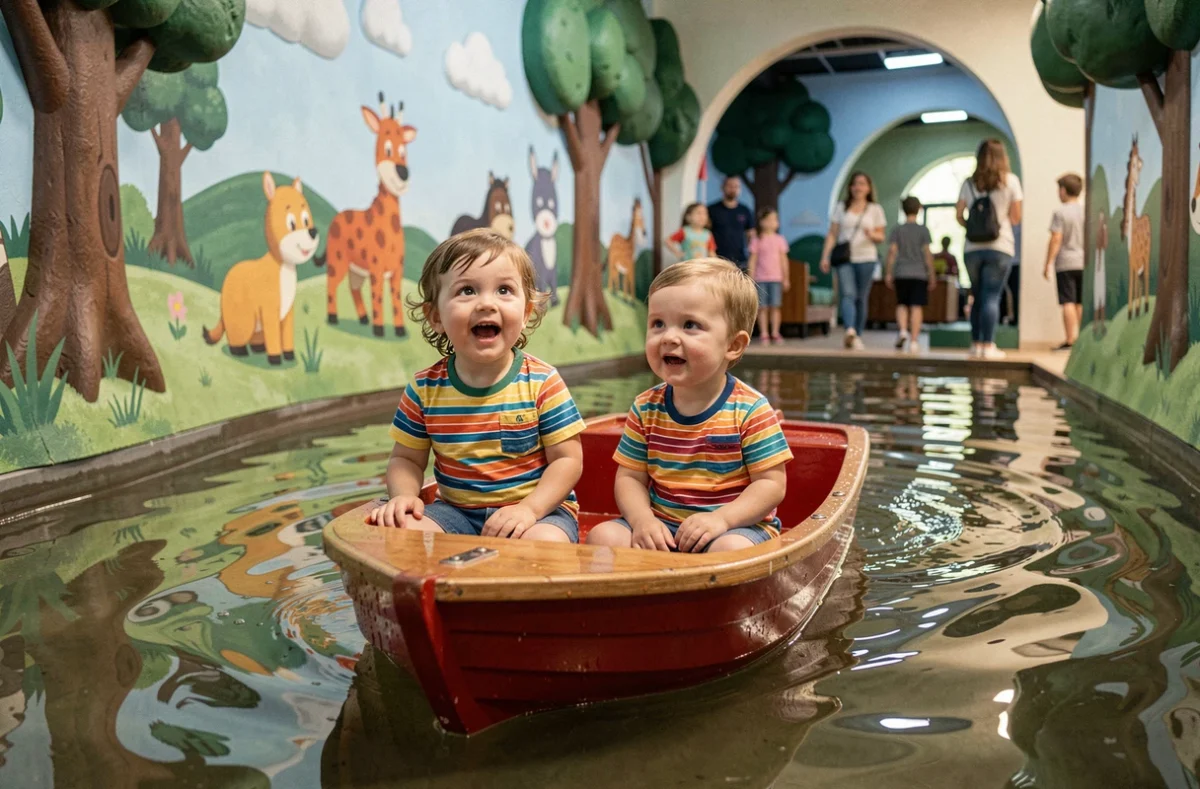 Deux tout-petits dans un manège aquatique couvert d'un parc d'attractions familial autour de Lyon