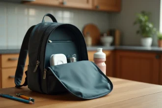Traceur GPS discret glissé dans un sac à dos d'enfant posé sur une table de cuisine en bois le matin avant l'école
