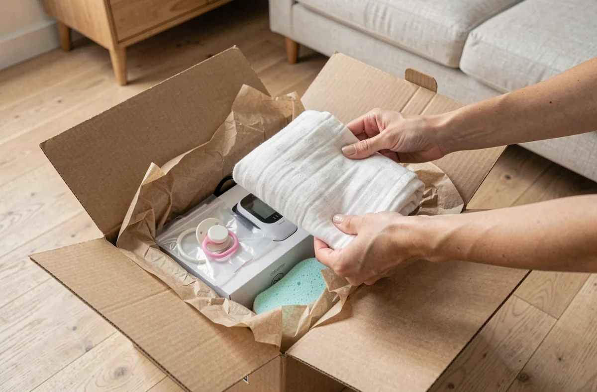 Unboxing d'une commande Bébés Avenue avec des produits essentiels pour nouveau-né soigneusement emballés dans un carton livré à domicile