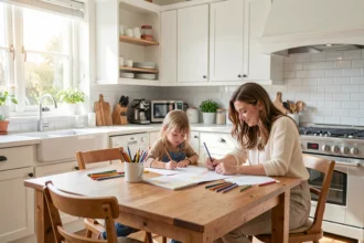 Une famille d'accueil dessine avec un enfant à la table de cuisine