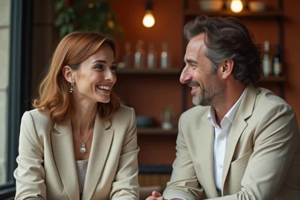Couple élégant en conversation intime dans un bistrot parisien, illustrant la vie amoureuse discrète de Samantha de Bendern