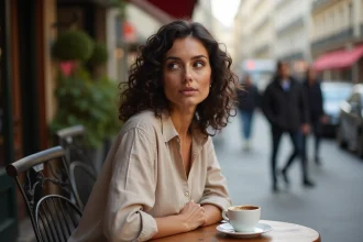 Femme assise dans un café parisien avec une expression de méfiance face à un regard indiscret, illustrant la frontière entre vie privée et curiosité des fans