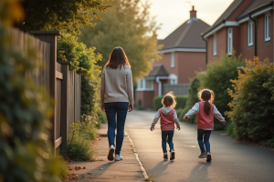 Femme dans un jardin de banlieue parlant à un voisin avec enfants