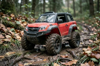 Voiture enfant tout-terrain rouge et noire sur sentier boueux en forêt avec herbe humide
