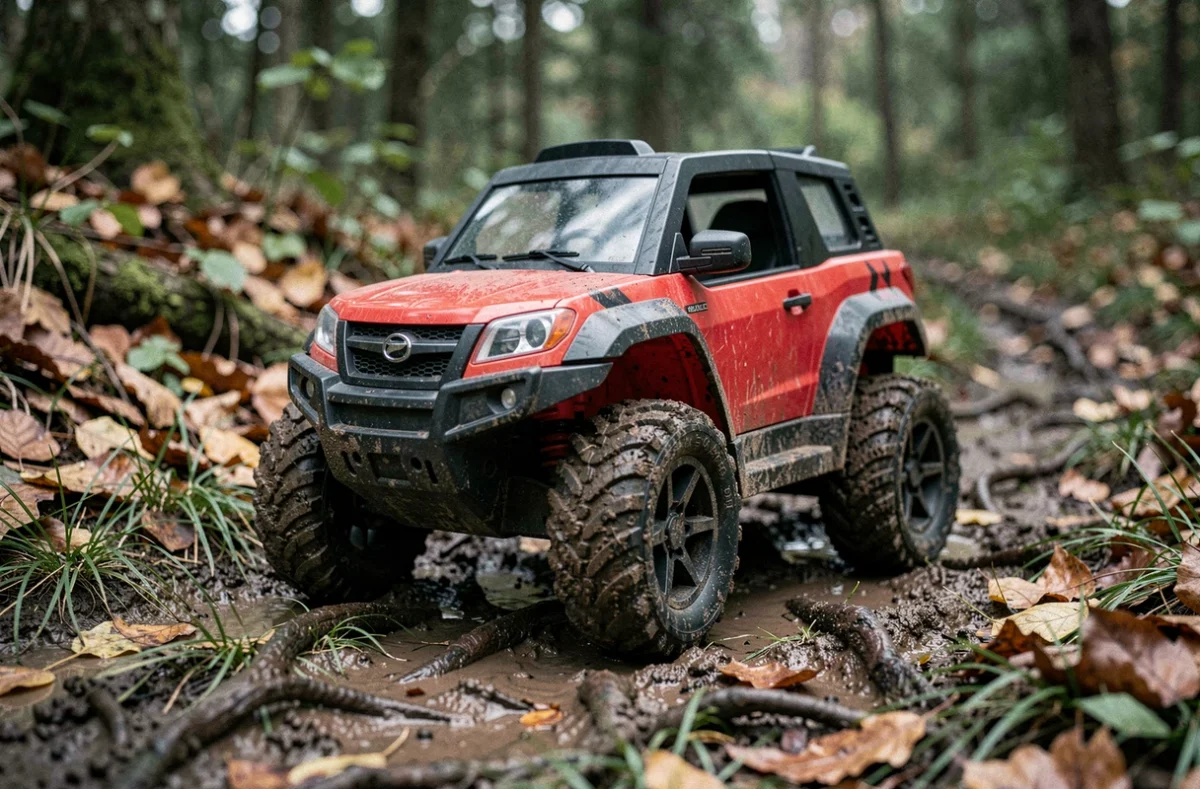 Voiture enfant tout-terrain rouge et noire sur sentier boueux en forêt avec herbe humide
