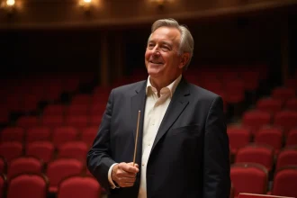 Chef d'orchestre en costume sombre tenant sa baguette dans une salle de concert aux fauteuils en velours rouge