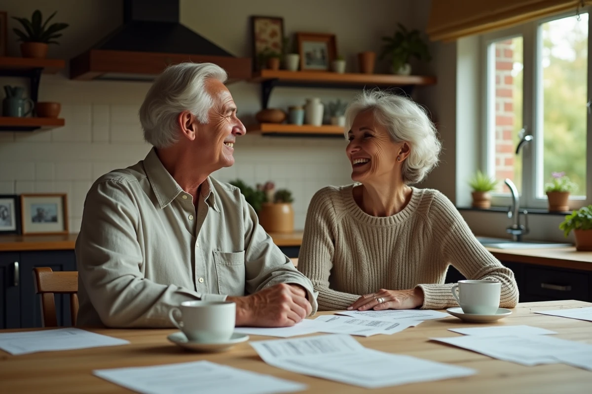 Couple partageant un moment complice autour d'une table en bois avec des partitions musicales dans une cuisine familiale chaleureuse