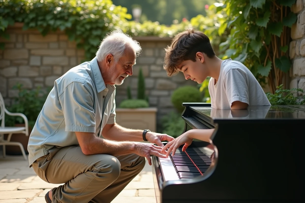 Chef d'orchestre transmettant sa passion musicale à un jeune adulte devant un piano dans un jardin en pierre